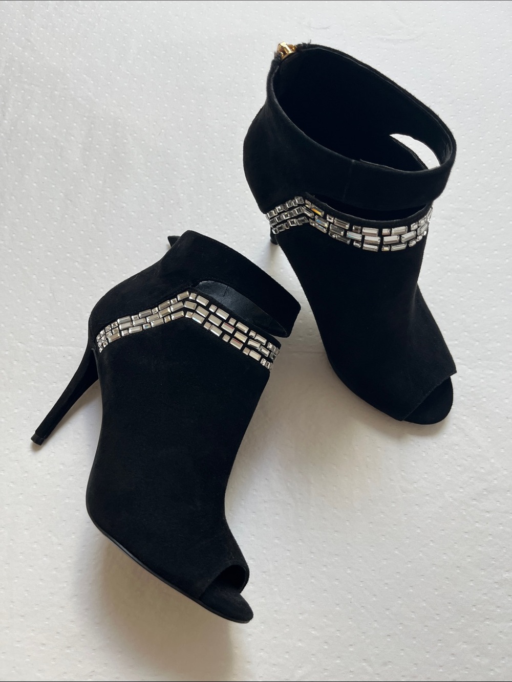 Nine West Black Embellished Peep Toe Stiletto Ankle Booties Gold Zip Size 6.5